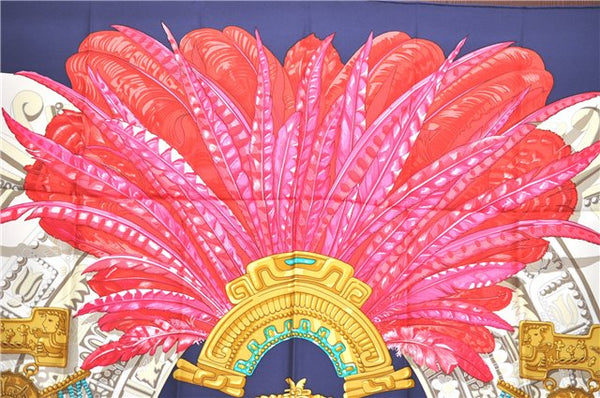 Authentic HERMES Carre 90 Scarf Buddhist statue Motif Silk Navy Blue PB J0463