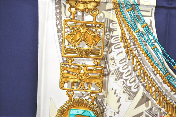 Authentic HERMES Carre 90 Scarf Buddhist statue Motif Silk Navy Blue PB J0463