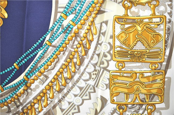 Authentic HERMES Carre 90 Scarf Buddhist statue Motif Silk Navy Blue PB J0463