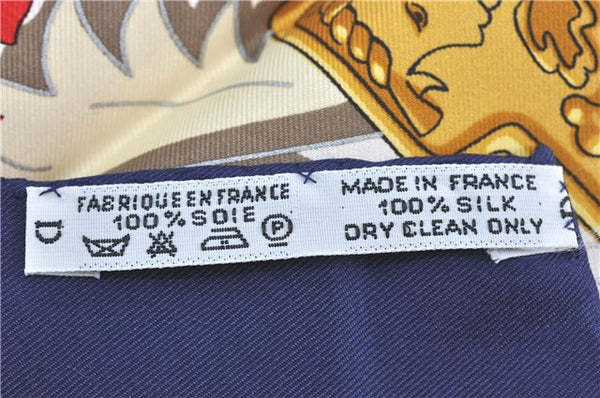 Authentic HERMES Carre 90 Scarf Buddhist statue Motif Silk Navy Blue PB J0463