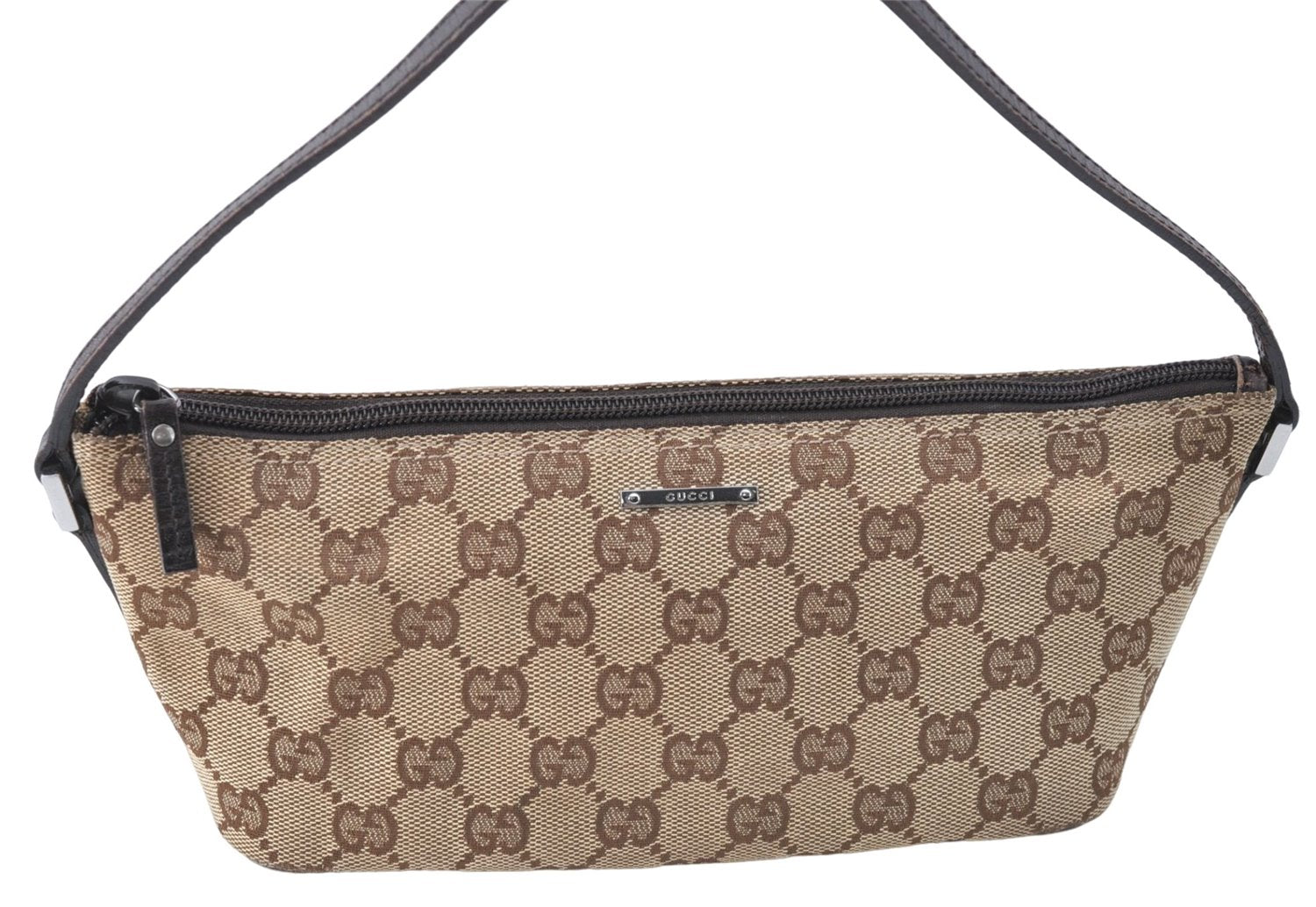 Authentic GUCCI Hand Bag Pouch Purse GG Canvas Leather 07198 Brown J0472