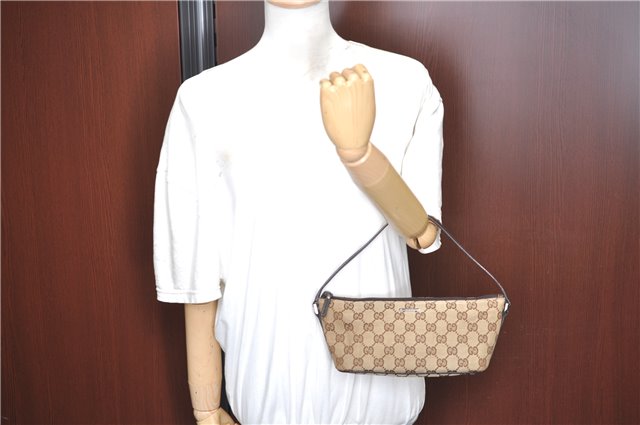 Authentic GUCCI Hand Bag Pouch Purse GG Canvas Leather 07198 Brown J0472