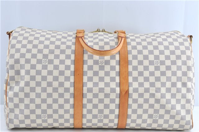 Auth Louis Vuitton Damier Azur Keepall Bandouliere 55 Boston Bag N41429 LV J0485