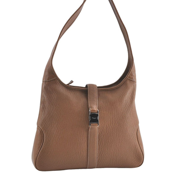 Authentic Ferragamo Leather Shoulder Hand Bag Purse Brown J0487