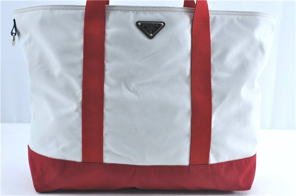 Authentic PRADA Tote Travel Bag Canvas Leather White Red J0493