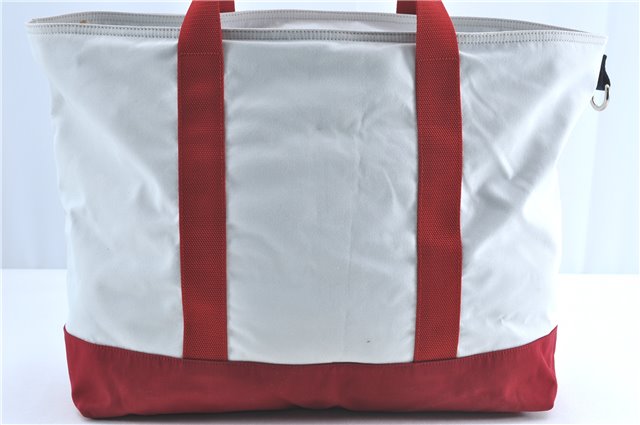 Authentic PRADA Tote Travel Bag Canvas Leather White Red J0493