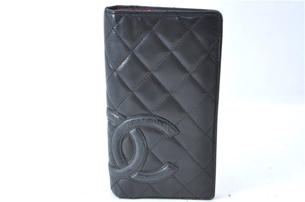 Auth CHANEL Calf Skin Cambon Line Matelasse CC Logo Long Wallet Black Box J0515