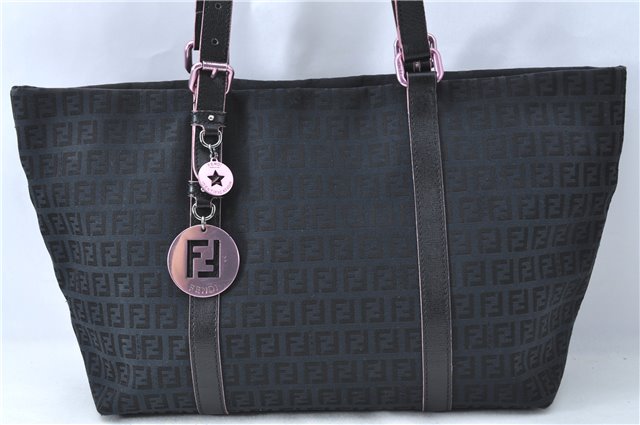 Authentic FENDI Zucchino Shoulder Tote Bag Canvas Leather Black Pink J0519