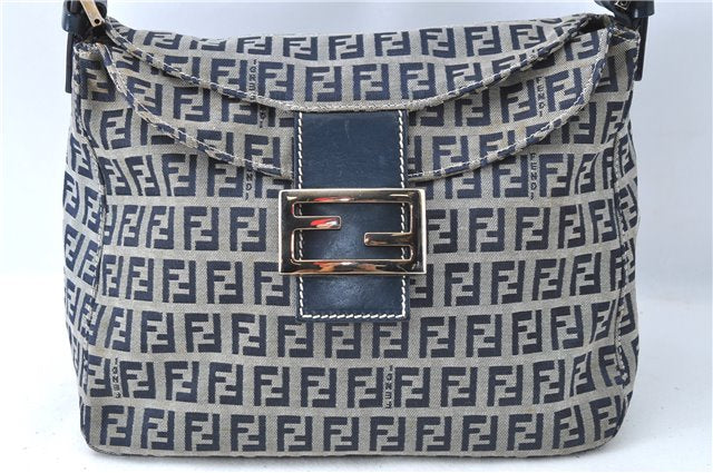 Authentic FENDI Zucchino Shoulder Bag Purse Canvas Leather Navy Blue J0546