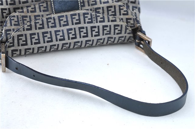 Authentic FENDI Zucchino Shoulder Bag Purse Canvas Leather Navy Blue J0546