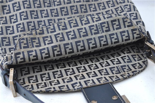 Authentic FENDI Zucchino Shoulder Bag Purse Canvas Leather Navy Blue J0546