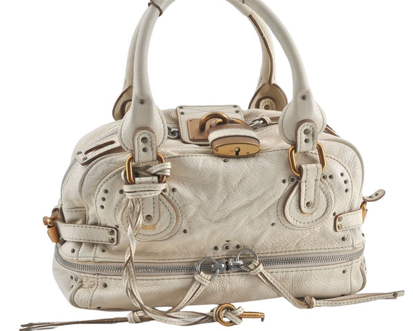 Authentic Chloe Paddington Leather Shoulder Hand Bag Purse Ivory White J0550