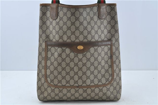 Authentic GUCCI Web Sherry Line Shoulder Tote Bag GG PVC Leather Brown J0569