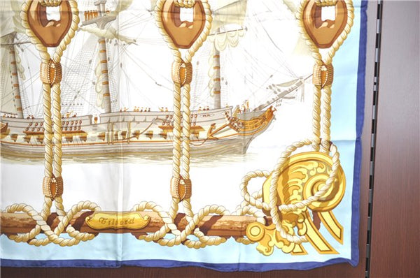 Authentic HERMES Carre 90 Scarf "Tribord" Silk Navy Blue J0582