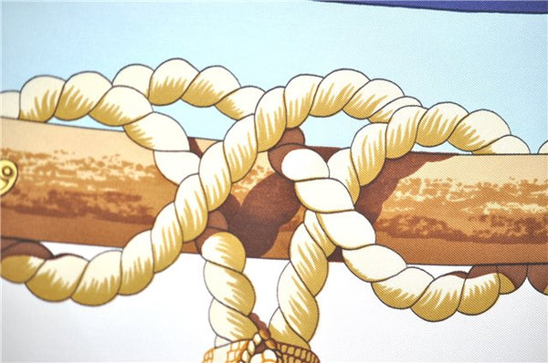 Authentic HERMES Carre 90 Scarf "Tribord" Silk Navy Blue J0582