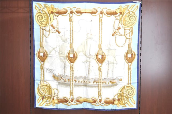 Authentic HERMES Carre 90 Scarf "Tribord" Silk Navy Blue J0582