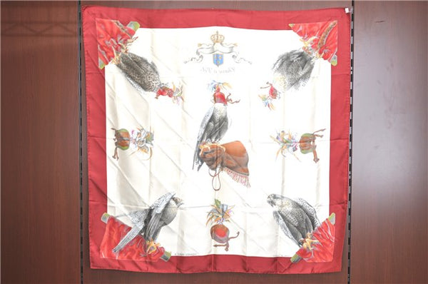 Authentic HERMES Carre 90 Scarf "Chasse a Vol" Silk Wine Red J0584