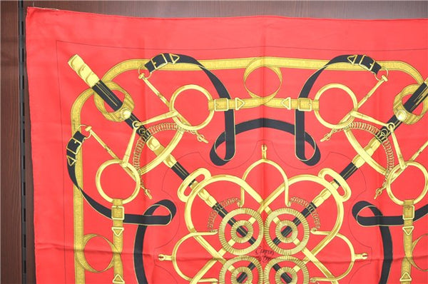 Authentic HERMES Carre 90 Scarf "Eperon d'or" Silk Red J0589