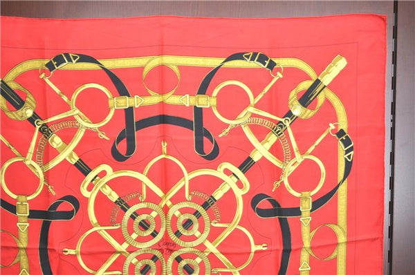 Authentic HERMES Carre 90 Scarf "Eperon d'or" Silk Red J0589