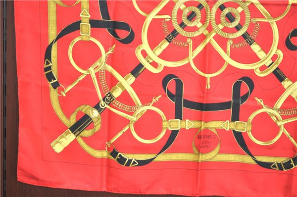 Authentic HERMES Carre 90 Scarf "Eperon d'or" Silk Red J0589