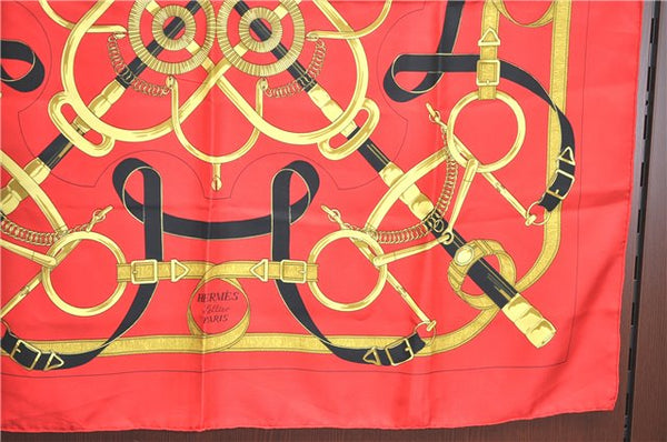 Authentic HERMES Carre 90 Scarf "Eperon d'or" Silk Red J0589