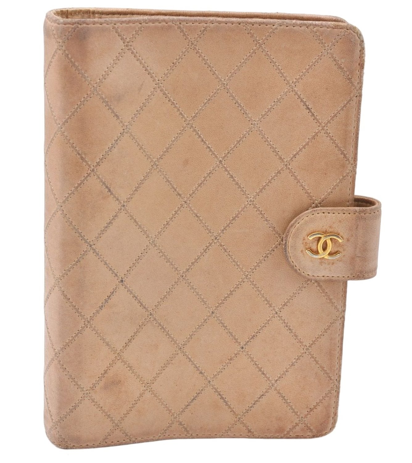 Authentic CHANEL Calf Skin Bicolore CC Logo Agenda Note Book Cover Beige J0591