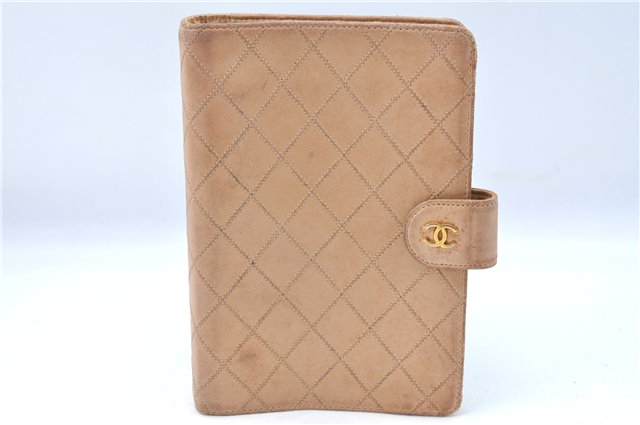 Authentic CHANEL Calf Skin Bicolore CC Logo Agenda Note Book Cover Beige J0591