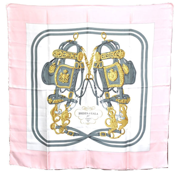 Authentic HERMES Carre 90 Scarf "BRIDES de GALA " Silk Light Pink J0593