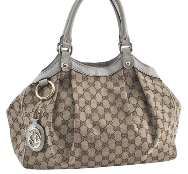 Authentic GUCCI Sukey Shoulder Tote Bag GG Canvas Leather 211944 Brown J0595