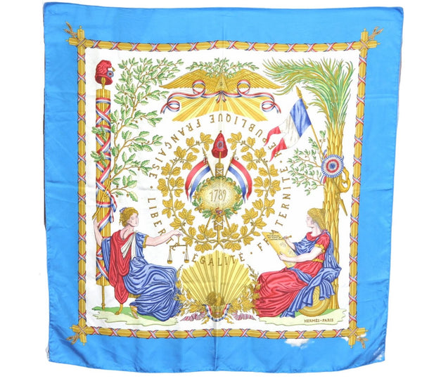 HERMES Carre 90 Scarf "LIBERTE EGALITE FRATERNITE REPUBLIQUE" Silk Blue J0596