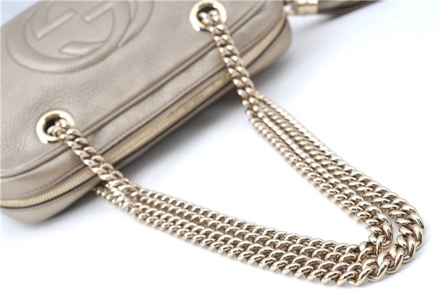 Authentic GUCCI SOHO Tassel Chain Shoulder Boston Bag Leather 308983 Gold J0599
