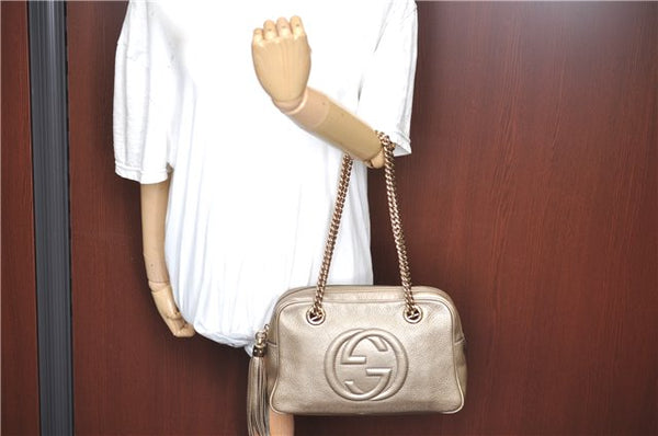 Authentic GUCCI SOHO Tassel Chain Shoulder Boston Bag Leather 308983 Gold J0599