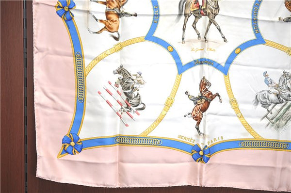 Auth HERMES Carre 90 Scarf "Ecole Francaise d'Equitation" Silk Light Pink J0602