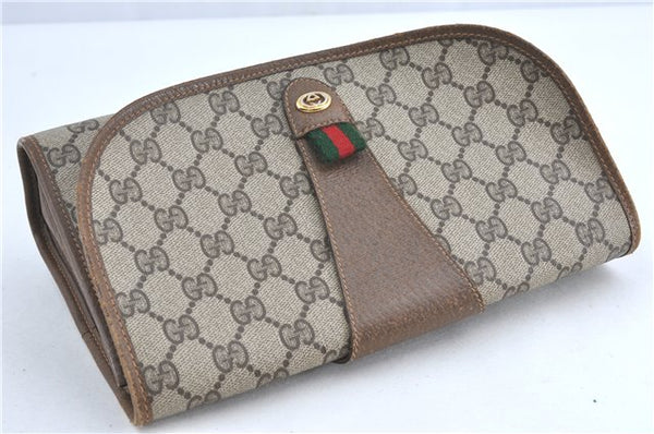 Authentic GUCCI Web Sherry Line Clutch Hand Bag Purse GG PVC Leather Brown J0608