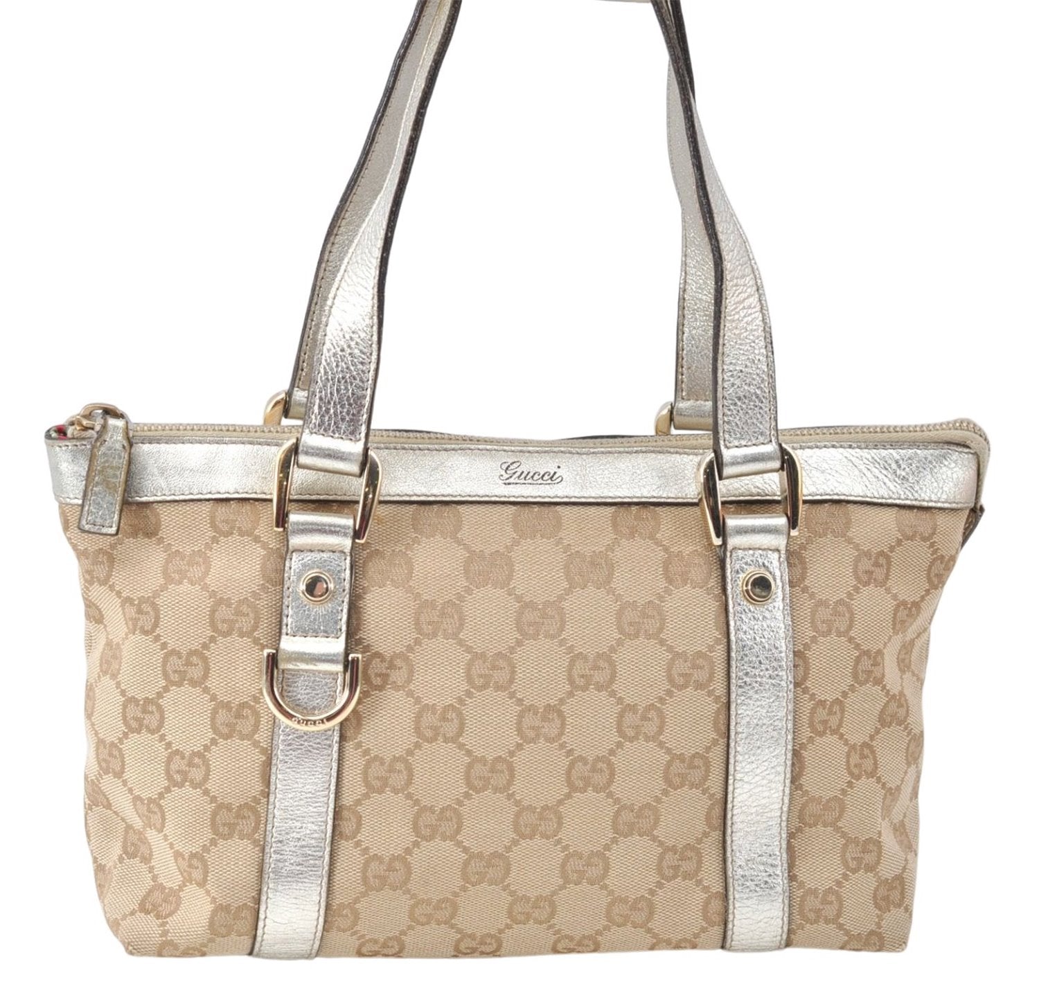 Authentic GUCCI Tote Hand Bag GG Canvas Leather 141471 Beige Gold J0619