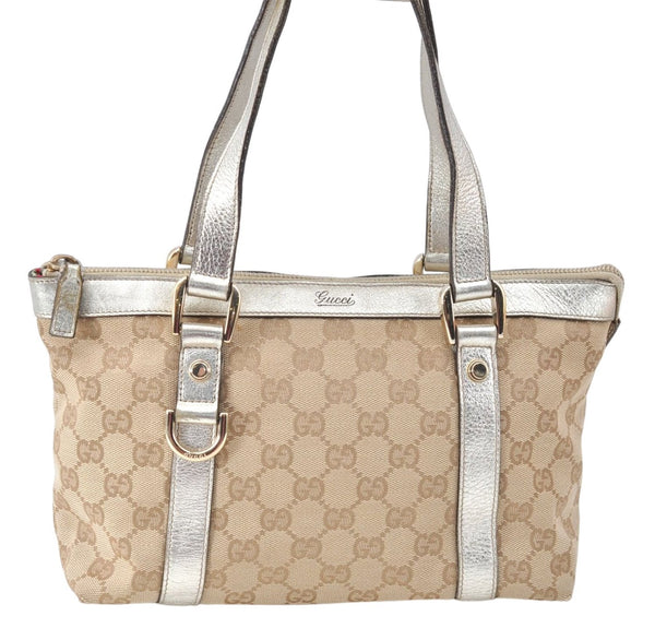 Authentic GUCCI Tote Hand Bag GG Canvas Leather 141471 Beige Gold J0619