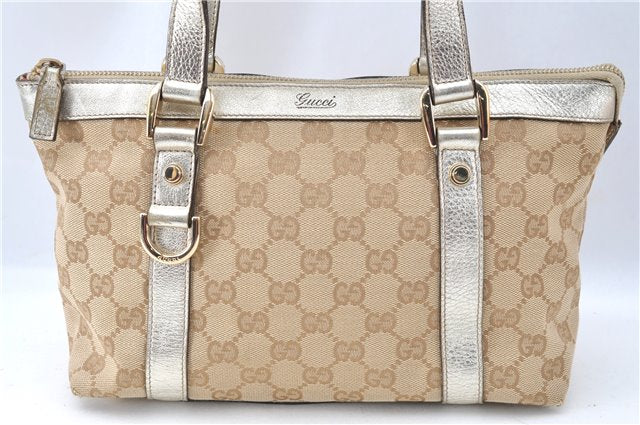 Authentic GUCCI Tote Hand Bag GG Canvas Leather 141471 Beige Gold J0619