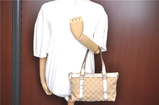 Authentic GUCCI Tote Hand Bag GG Canvas Leather 141471 Beige Gold J0619