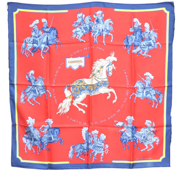 Authentic HERMES Carre 90 Scarf "CARROUSEL" Silk Navy Blue Box J0621