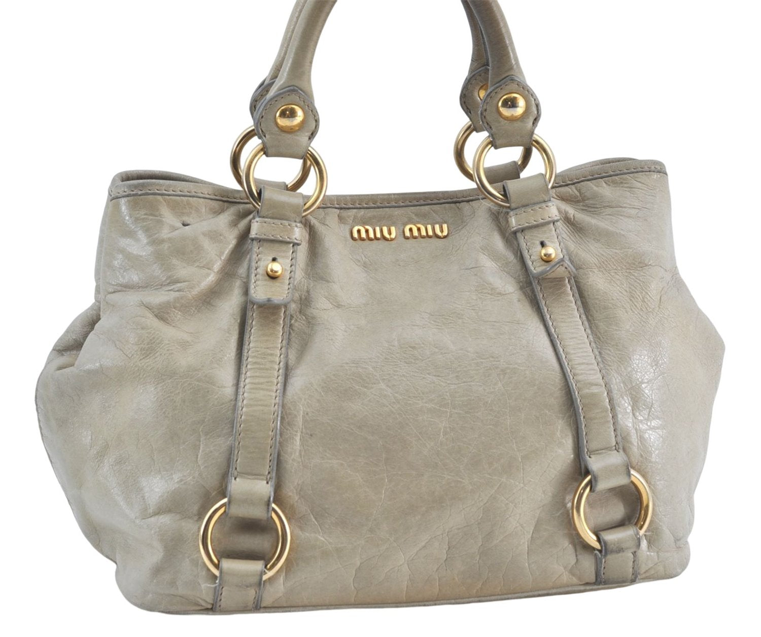 Authentic MIU MIU Leather Hand Tote Bag Purse Light Gray J0624