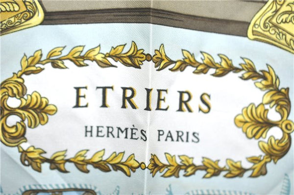 Authentic HERMES Carre 90 Scarf "ETRIERS" Silk Light Blue J0626