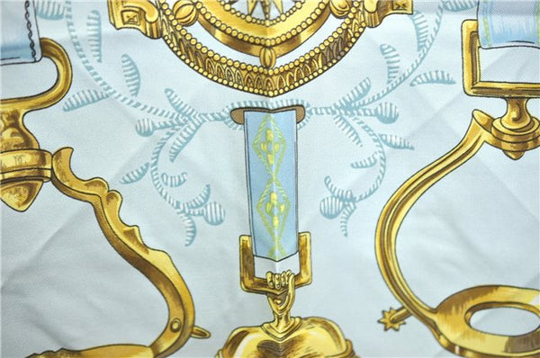 Authentic HERMES Carre 90 Scarf "ETRIERS" Silk Light Blue J0626