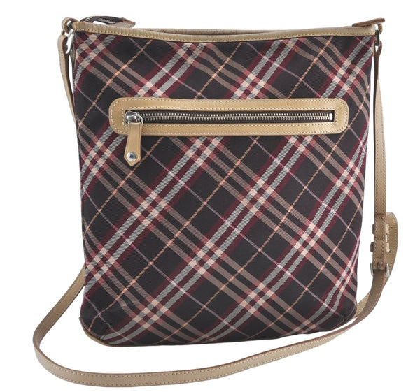 Authentic BURBERRY BLUE LABEL Check Shoulder Bag Canvas Leather Brown Red J0629