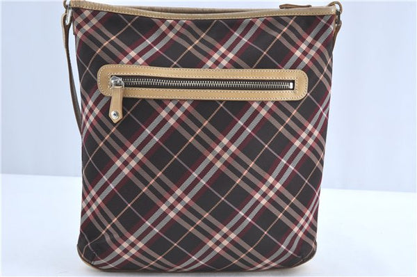 Authentic BURBERRY BLUE LABEL Check Shoulder Bag Canvas Leather Brown Red J0629
