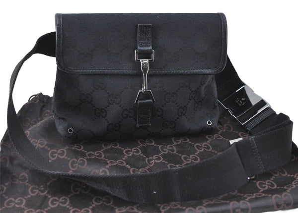 Authentic GUCCI Waist Body Bag Purse GG Canvas Leather 92543 Black J0637