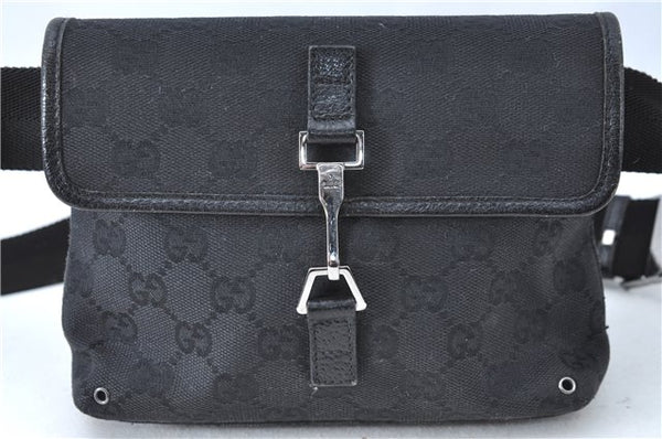 Authentic GUCCI Waist Body Bag Purse GG Canvas Leather 92543 Black J0637