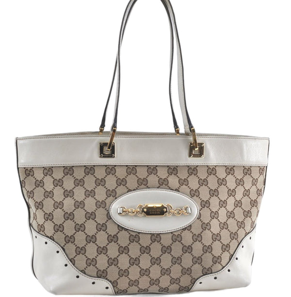 Authentic GUCCI Shoulder Tote Bag GG Canvas Leather 145993 Brown Ivory J0645