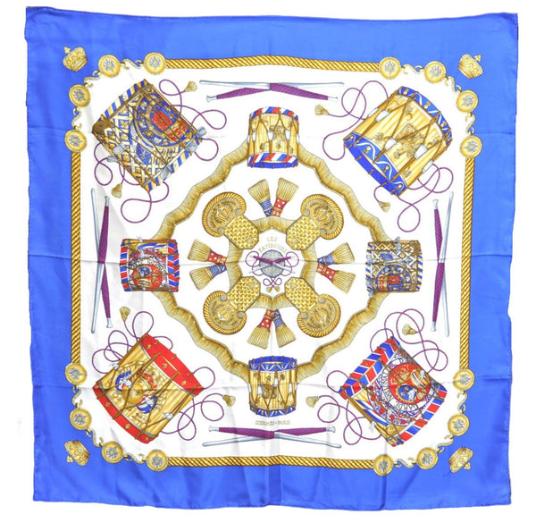 Authentic HERMES Carre 90 Scarf "LES TAMBOURS" Silk Blue J0660