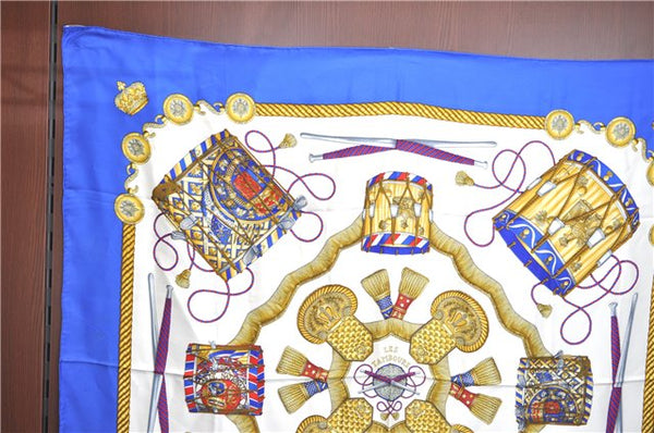 Authentic HERMES Carre 90 Scarf "LES TAMBOURS" Silk Blue J0660