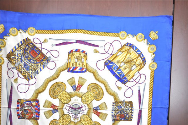 Authentic HERMES Carre 90 Scarf "LES TAMBOURS" Silk Blue J0660